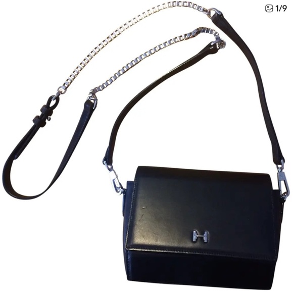 Halston Heritage Geometrical smooth black leather crossbody bag purse
